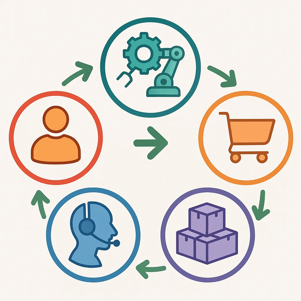 Cinco ícones representando áreas de impacto: cliente, automação, vendas, estoque e atendimento, com setas de fluxo positivo
