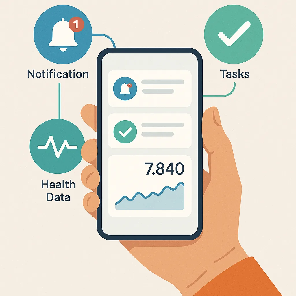 Pessoa segurando smartphone com interface inteligente exibindo notificações personalizadas, recomendações de tarefas e dados de saúde