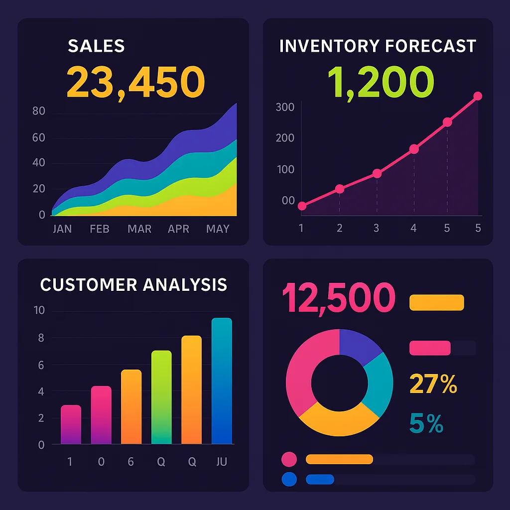 Dashboard com gráficos de vendas, previsão de estoque e análise de clientes em cores vibrantes com números crescentes