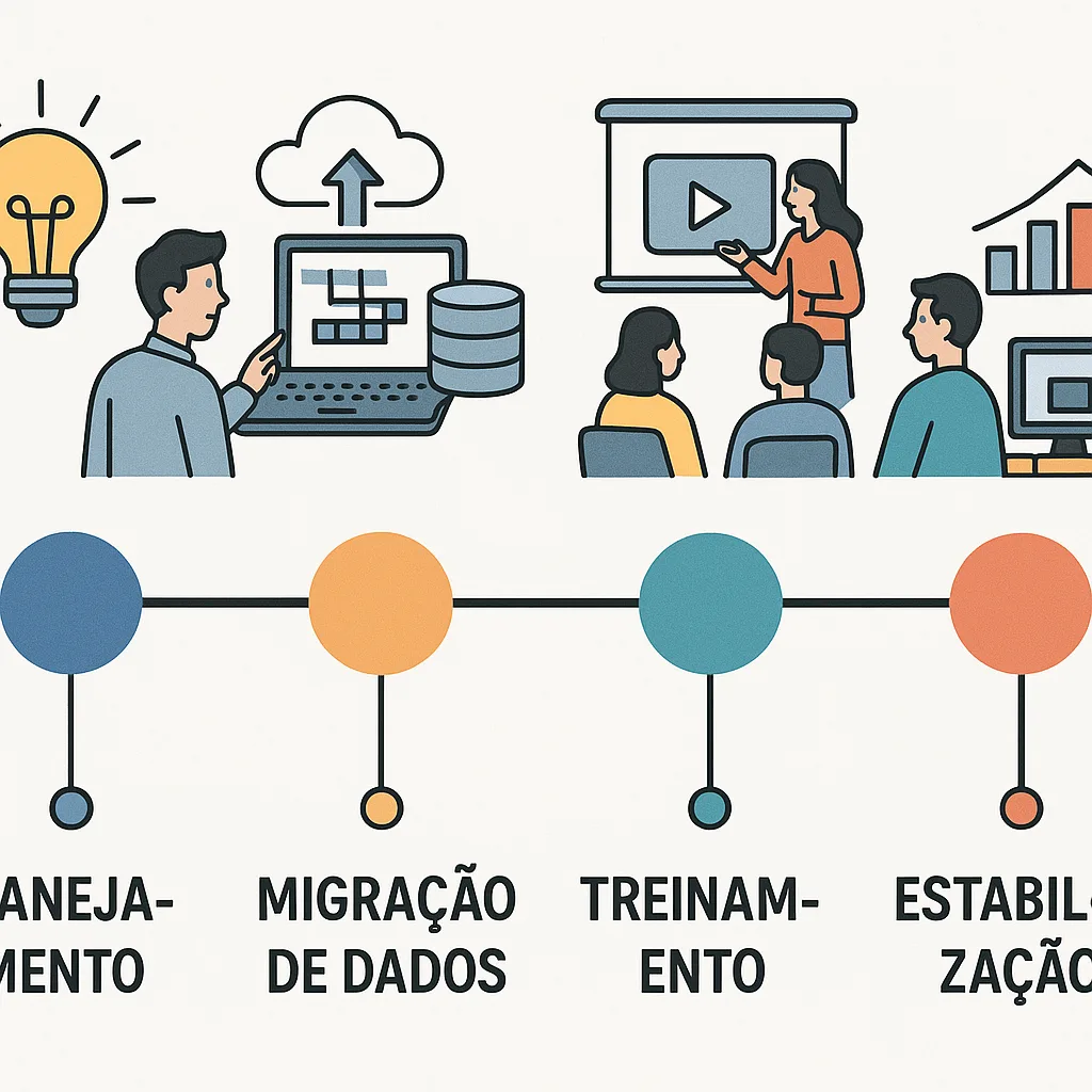Diagrama de timeline com quatro fases: planejamento, migração de dados, treinamento e estabilização