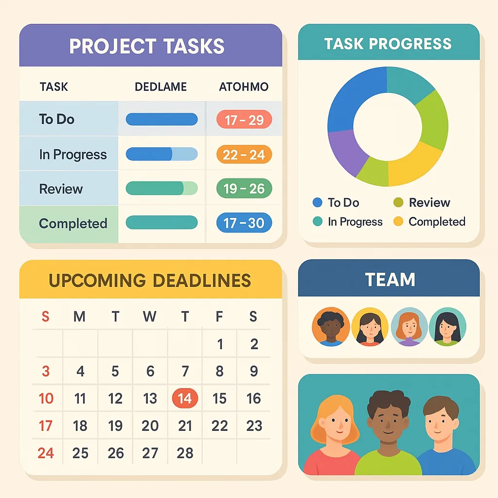 Dashboard de gestão de projetos com tarefas, prazos e responsáveis organizados em layout colorido