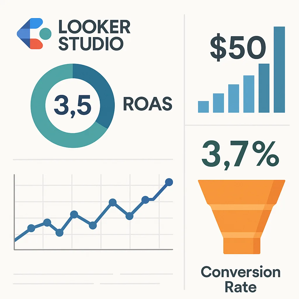 Dashboard do Looker Studio exibindo gráficos de ROAS, CAC e taxa de conversão em tempo real