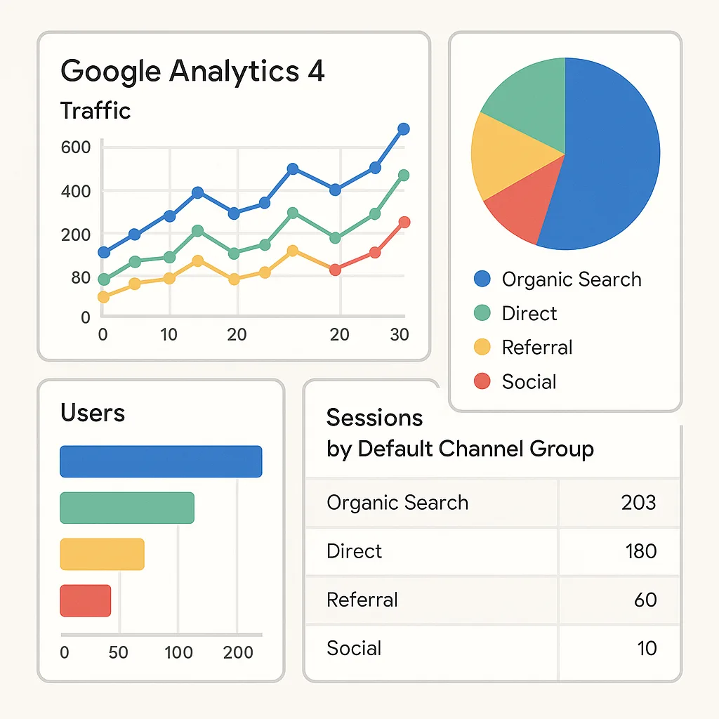 Dashboard do Google Analytics 4 com gráficos de tráfego mostrando origens de visitantes em diferentes cores