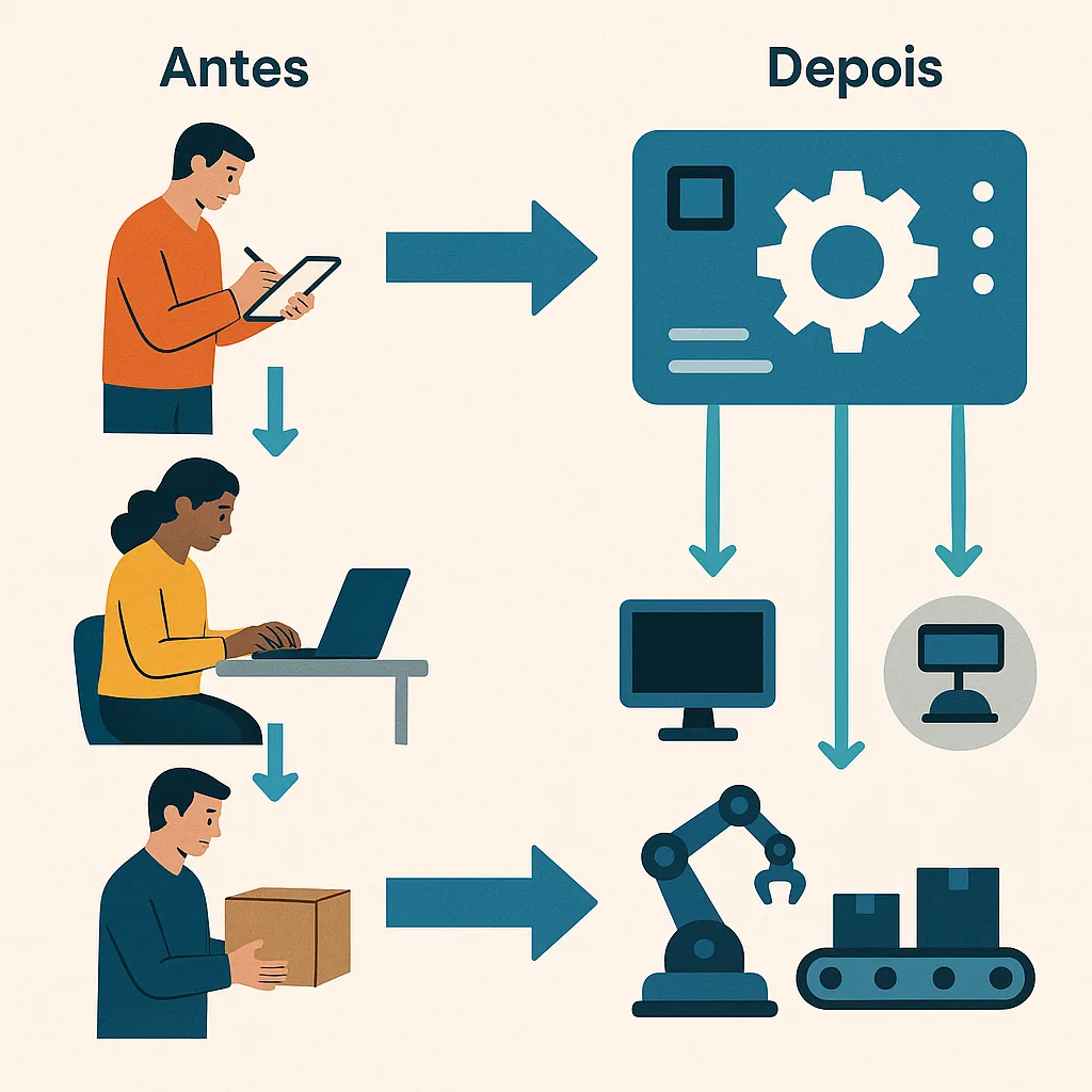 Infográfico comparando fluxo manual com pessoas realizando tarefas à esquerda versus sistema automático à direita