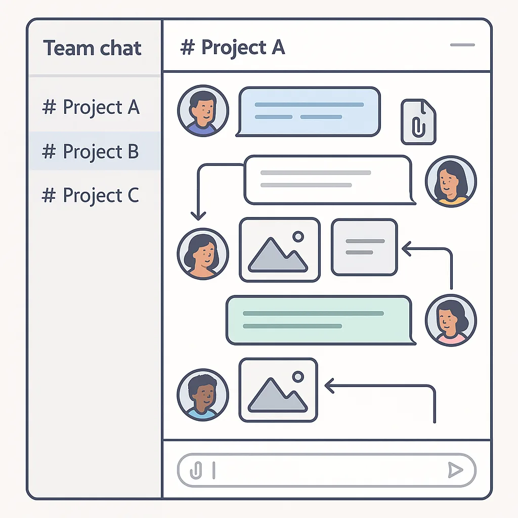 Interface de chat em equipe com canais organizados por projeto, mensagens, arquivos compartilhados e referências cruzadas