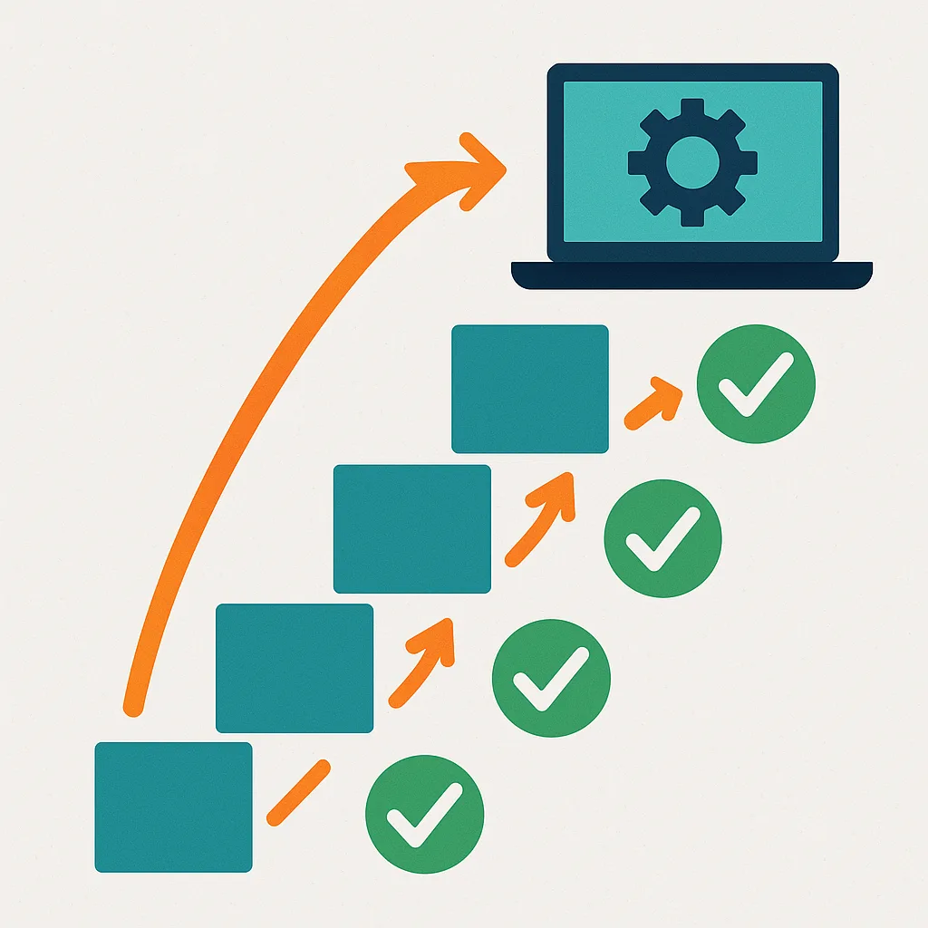 Diagrama de fluxo com etapas progressivas de implementação de tecnologia, cada uma marcada com checkmark de validação