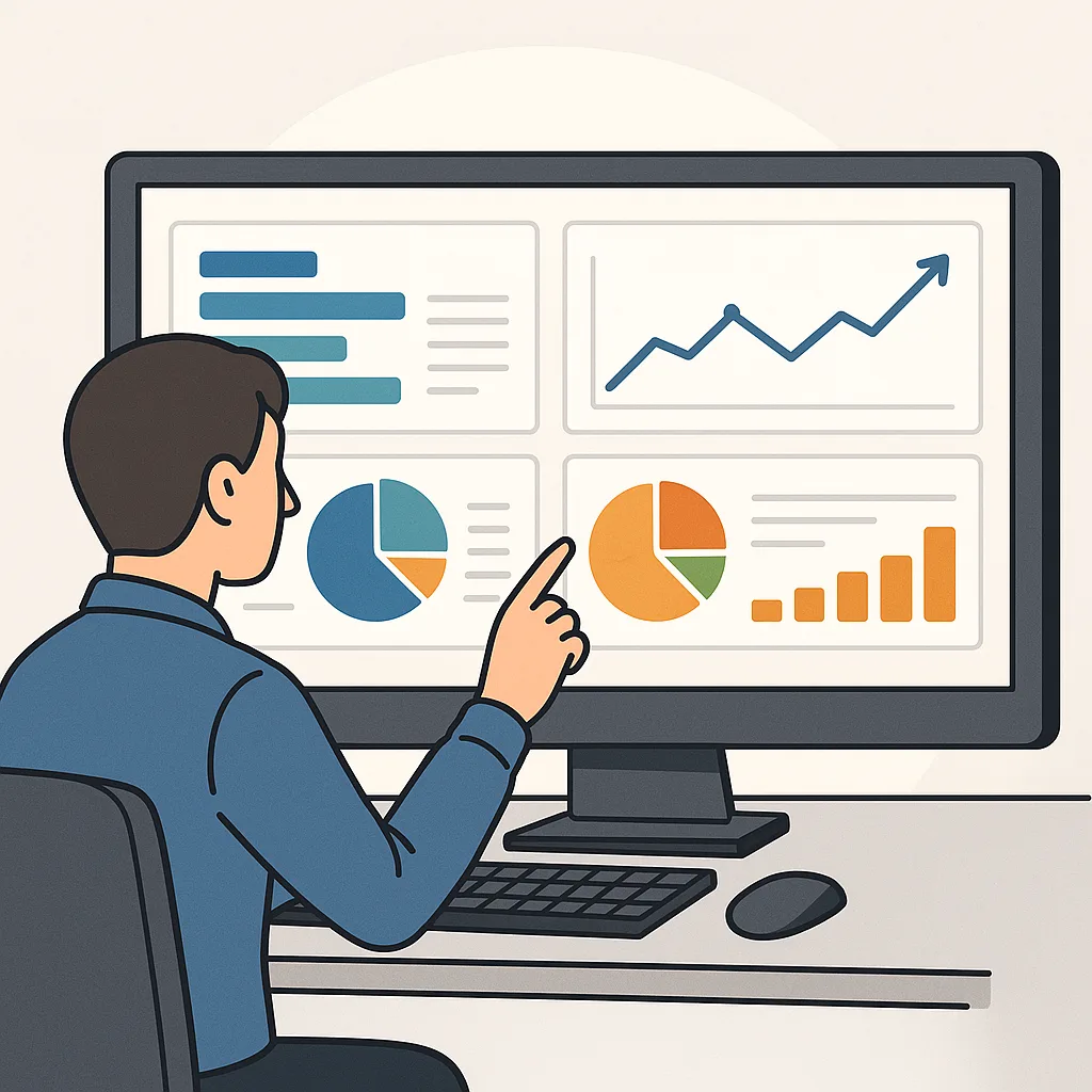 Pessoa observando gráficos e dados em um dashboard de gestão no monitor do computador